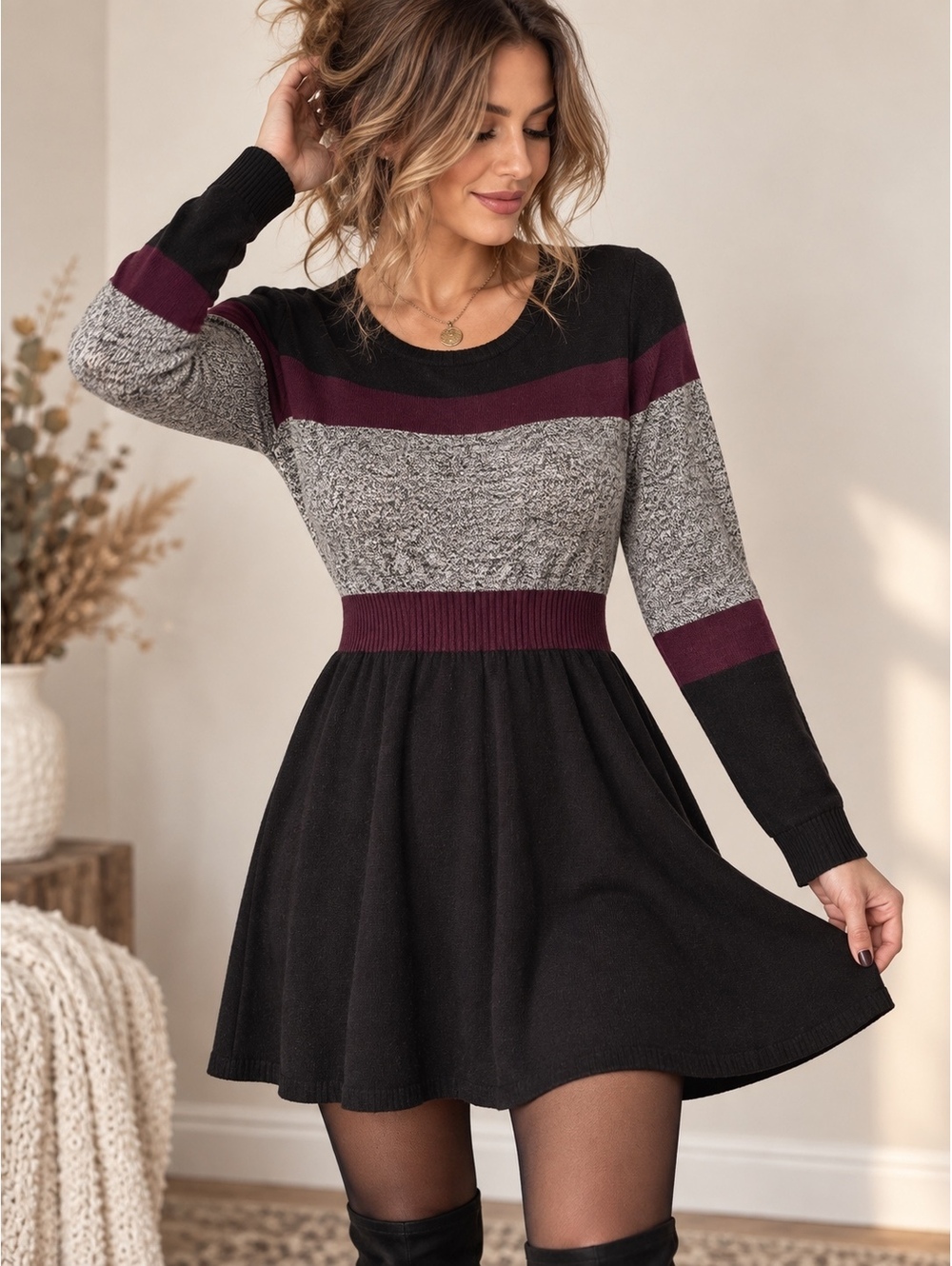 by&by Women’s XXL Color Block Knit Sweater Dress Black Burgundy Gray